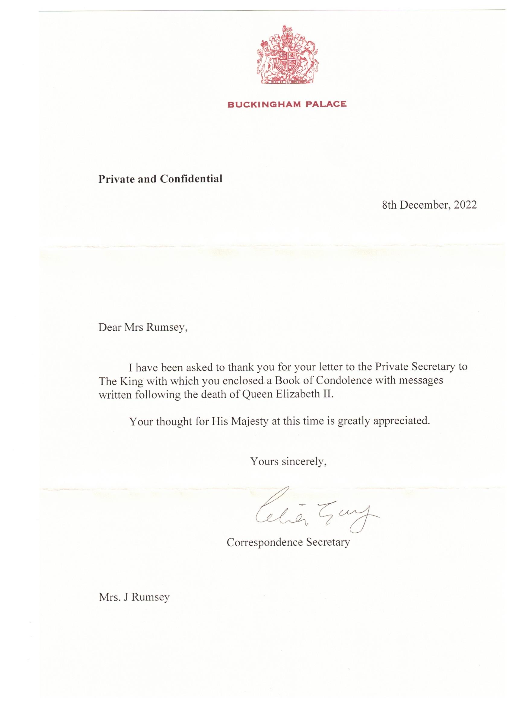 Letter of thanks from Buckingham Palace